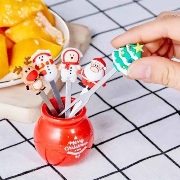 Christmas Tree Stainless Steel Fruit Fork Set with Holder - Image 8