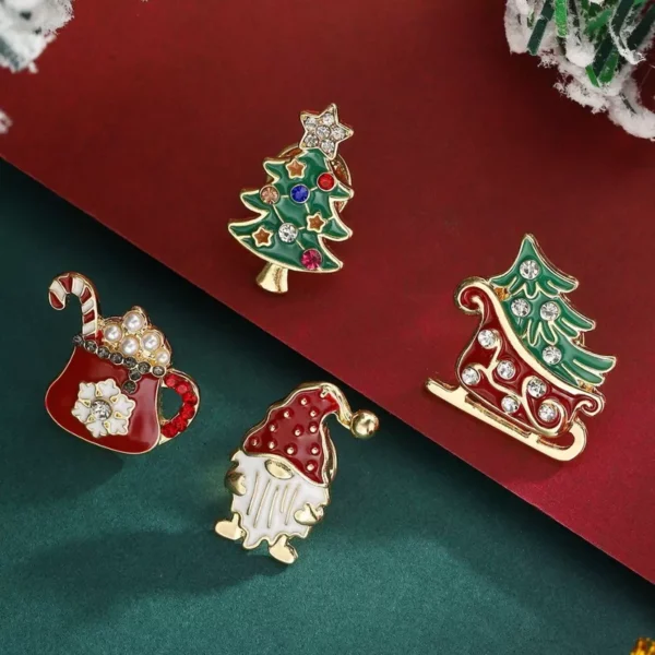 4pcs Christmas Brooch Set - Sparkling Crystal Xmas Tree & Santa Pins - Image 3
