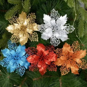 5-Pack Glitter Artificial Christmas Flowers – Festive Tree Decorations