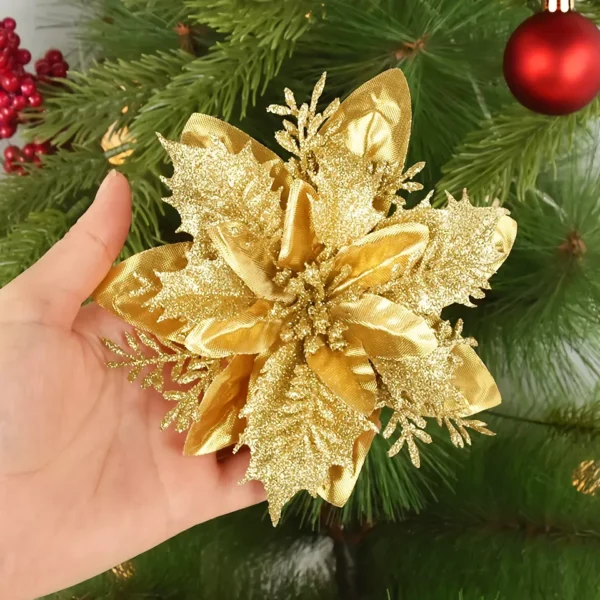 10-Pack Glitter Artificial Christmas Flowers – Festive Tree Ornaments - Image 6