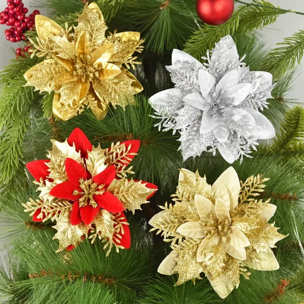 10-Pack Glitter Artificial Christmas Flowers – Festive Tree Ornaments - Image 4