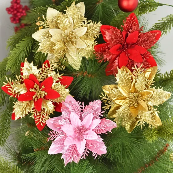 10-Pack Glitter Artificial Christmas Flowers – Festive Tree Ornaments - Image 2