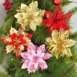 10-Pack Glitter Artificial Christmas Flowers – Festive Tree Ornaments