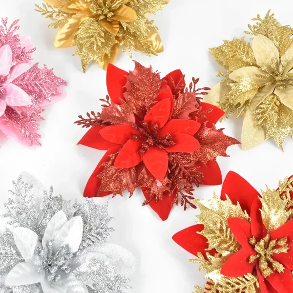 10-Pack Glitter Artificial Christmas Flowers – Festive Tree Ornaments - Image 5