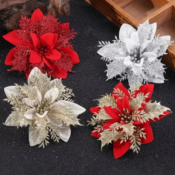 10-Pack Glitter Artificial Christmas Flowers – Festive Tree Ornaments - Image 3