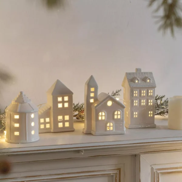 White Porcelain LED Lighted Christmas Village Houses - Image 7