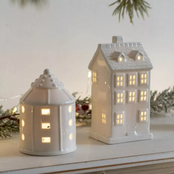 White Porcelain LED Lighted Christmas Village Houses - Image 5