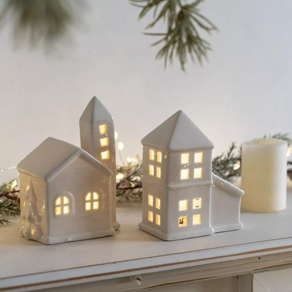 White Porcelain LED Lighted Christmas Village Houses - Image 6