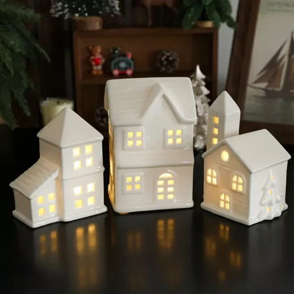 White Porcelain LED Lighted Christmas Village Houses - Image 3