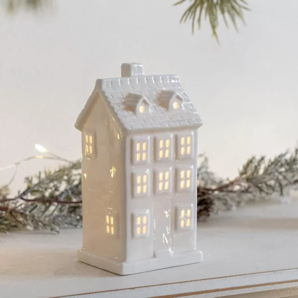 White Porcelain LED Lighted Christmas Village Houses - Image 4