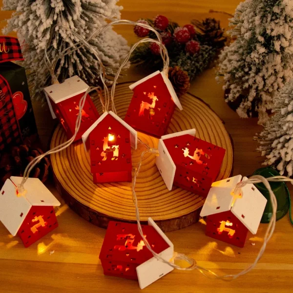1.5M Red Wooden House String Lights - Christmas LED Garland - Image 2