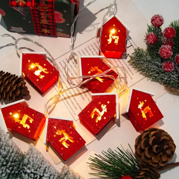 1.5M Red Wooden House String Lights - Christmas LED Garland - Image 3