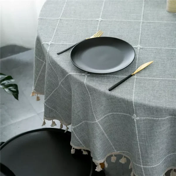Cotton Linen Plaid Tablecloth with Tassels - Jacquard Round Table Cover - Image 4