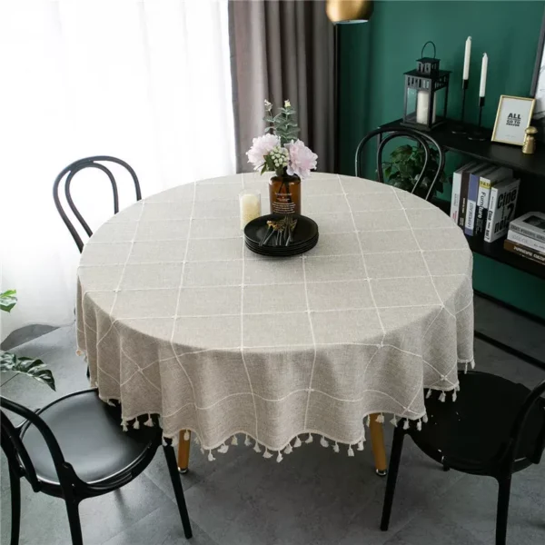 Cotton Linen Plaid Tablecloth with Tassels - Jacquard Round Table Cover - Image 5