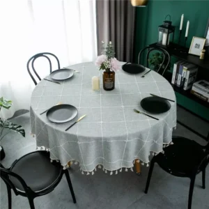 Cotton Linen Plaid Tablecloth with Tassels - Jacquard Round Table Cover