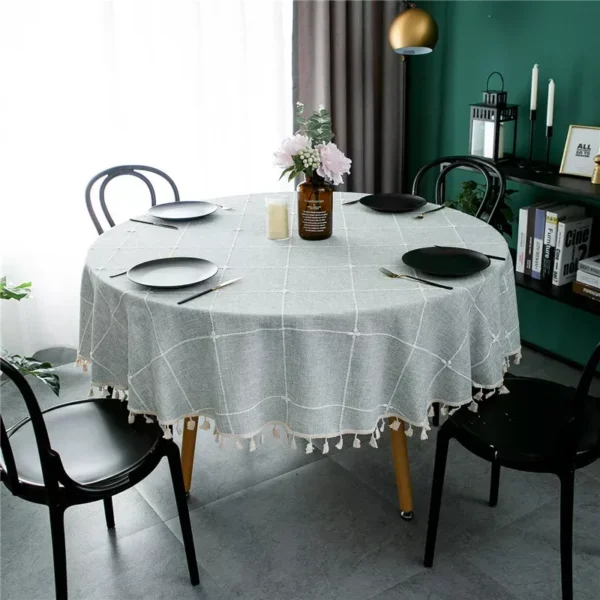 Cotton Linen Plaid Tablecloth with Tassels - Jacquard Round Table Cover - Image 3