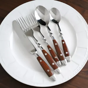 Stainless Steel Cutlery Set with Wood Grain Rivet Handle – 5-Piece Flatware Kit