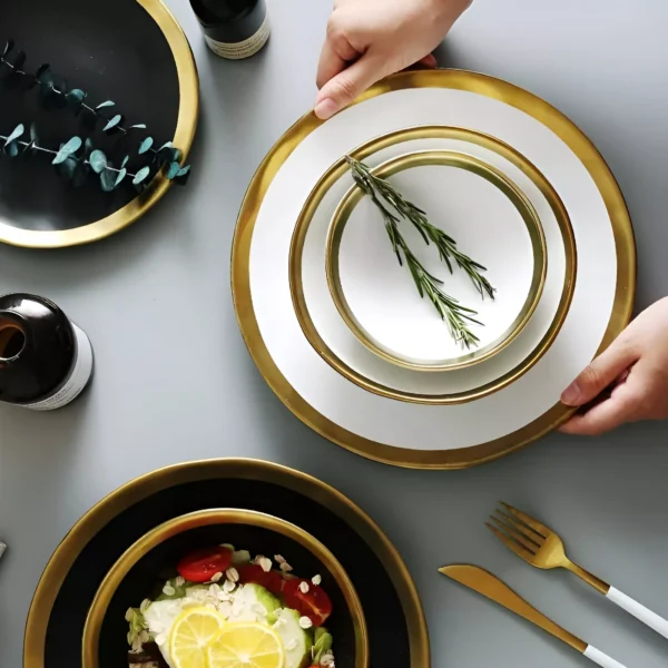 European Gold Rim Ceramic Plates and Bowls - Image 2
