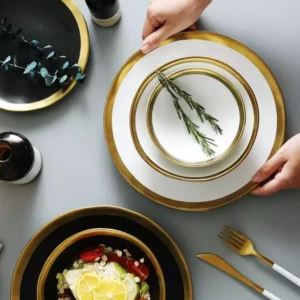 European Gold Rim Ceramic Plates and Bowls