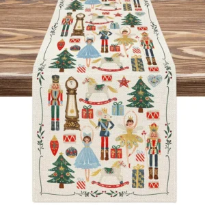 Christmas Watercolor Nutcracker Linen Table Runner Farmhouse Holiday Decor
