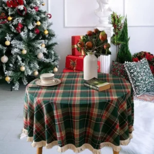 Christmas Round Tablecloth with Retro Checkered Pattern for Holiday Decoration