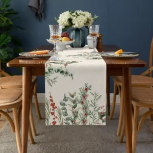 Christmas Berry Eucalyptus Linen Table Runner for Winter Holiday Decor