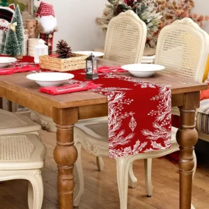 Christmas Floral Leaf Red Linen Table Runner for Holiday & Farmhouse Décor