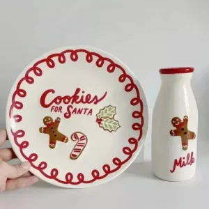 Christmas Ceramic Plate and Mug Set - Festive Cartoon Elk & Gingerbread Design