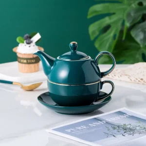 Ceramic Tea Set for One, Malachite Green Teapot with Cup and Sauce