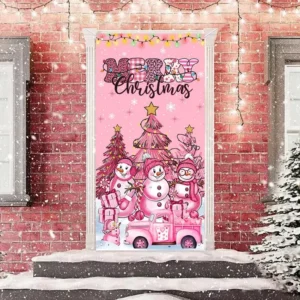 Festive Pink Snowman Christmas Hanging Porch Flag
