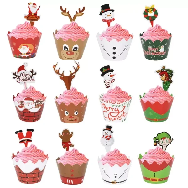 Festive 24-Piece Christmas Cupcake Wrapper & Topper Set - Image 2