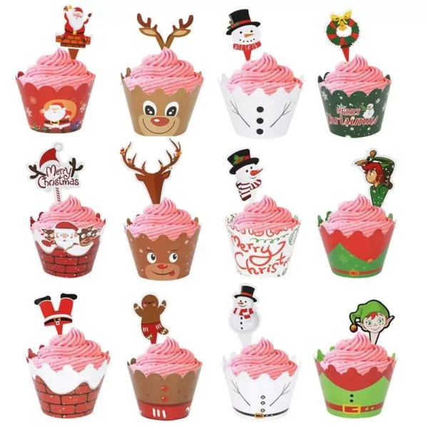 Festive 24-Piece Christmas Cupcake Wrapper & Topper Set