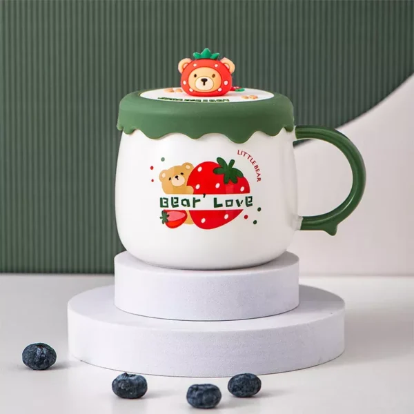 Strawberry Bear Cartoon Ceramic Mug with Lid and Spoon - Image 4