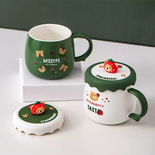 Strawberry Bear Cartoon Ceramic Mug with Lid and Spoon - Image 3