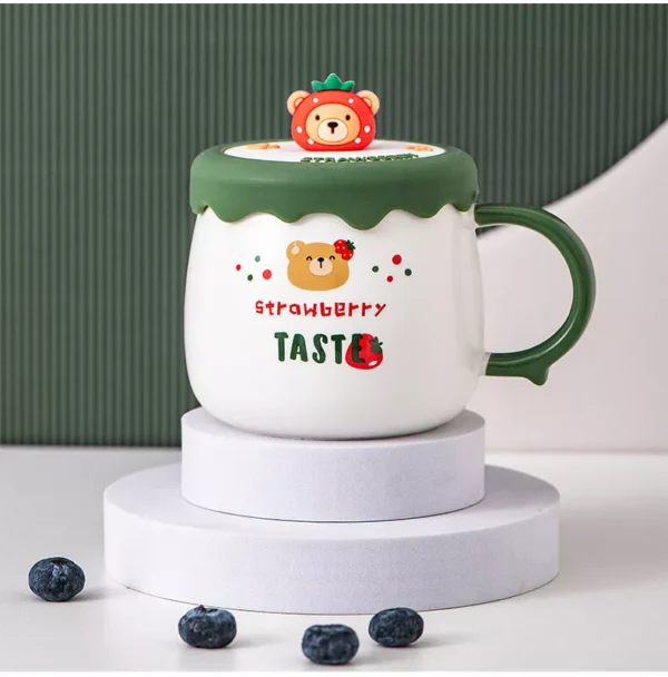 Strawberry Bear Cartoon Ceramic Mug with Lid and Spoon - Image 6