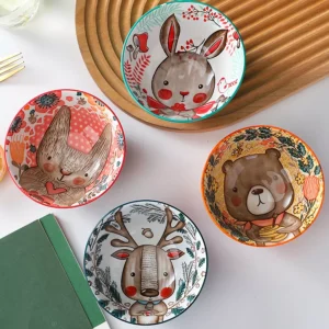 Cute Cartoon Animal Porcelain Bowl - Elk, Bear, and Rabbit Design