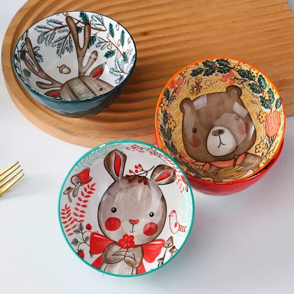 Cute Cartoon Animal Porcelain Bowl - Elk, Bear, and Rabbit Design - Image 5