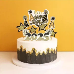 Glitter Gold Happy New Year 2025 Cake Topper Set