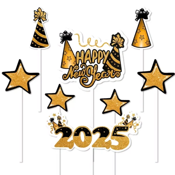 Glitter Gold Happy New Year 2025 Cake Topper Set - Image 5