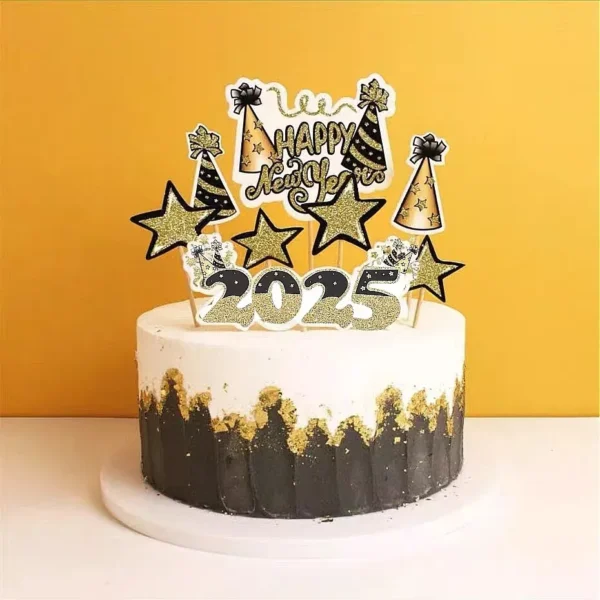 Glitter Gold Happy New Year 2025 Cake Topper Set - Image 2
