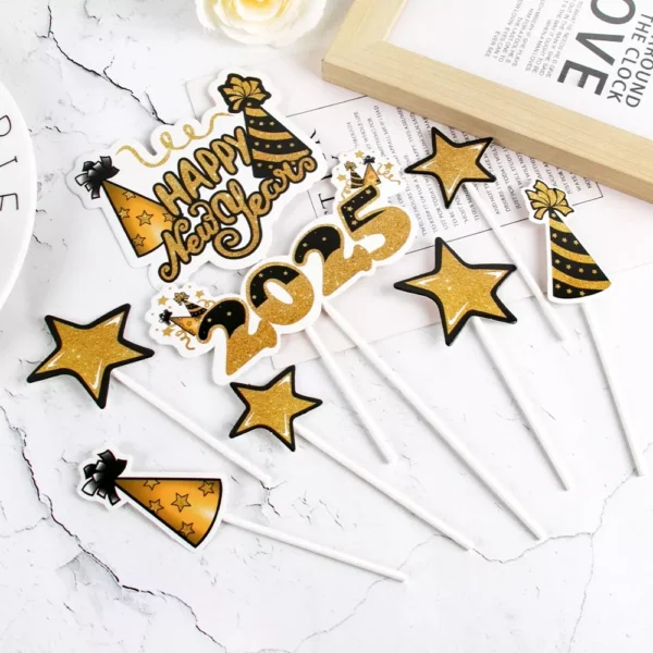 Glitter Gold Happy New Year 2025 Cake Topper Set - Image 3