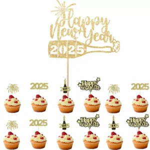 13pcs Black & Gold Happy New Year 2025 Cake and Cupcake Topper Set
