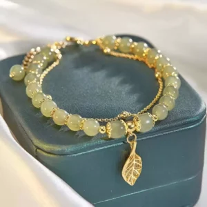 Vintage Green Hetian Jade Bracelet with Gold Color Leaves and Beads