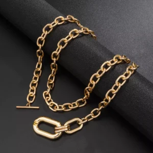 Trendy Metal Thick Chain Necklace with Big Elliptical Pendant