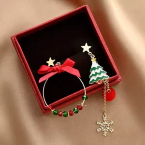 Trendy Asymmetric Christmas Tassel Earrings with Bowknot and Snowflake