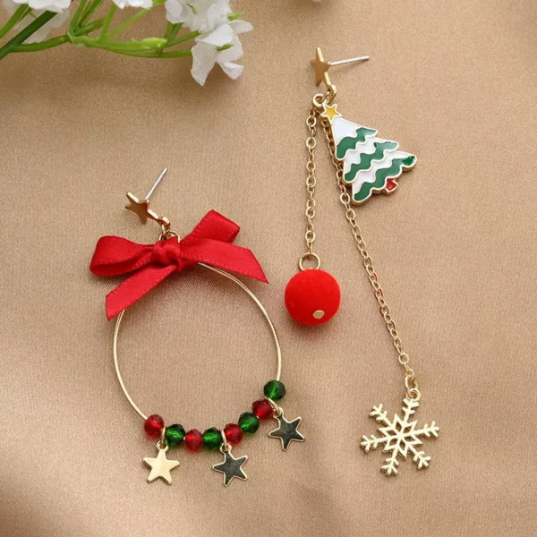 Trendy Asymmetric Christmas Tassel Earrings with Bowknot and Snowflake - Image 4