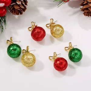 Festive Green and Red Ball Earrings with Snowflakes for Women