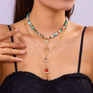 Christmas Layered Chain Pendant Necklace with Polymer Clay Beads and Holiday Charms