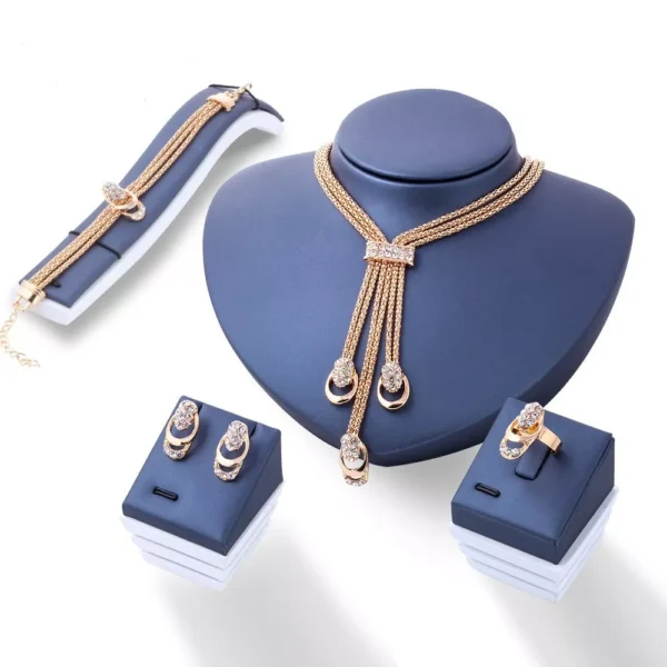 4Pcs Gold-Plated Jewelry Set: Rings, Necklace, Earrings & Bracelet - Image 3