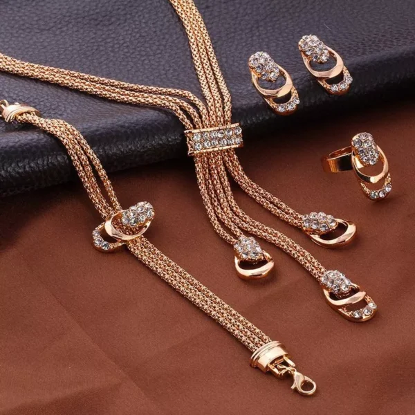 4Pcs Gold-Plated Jewelry Set: Rings, Necklace, Earrings & Bracelet - Image 2